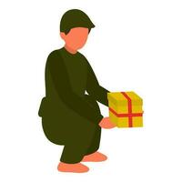 Faceless Young Boy Holding Gift Box In Sitting Pose. vector