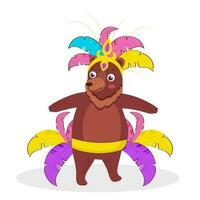 Cartoon Bear Wearing Headdress With Feathers In Standing Pose. vector