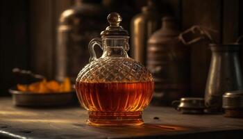 Old fashioned whiskey poured into luxury glass on rustic wooden table generated by AI photo