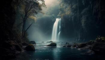 Tranquil scene Majestic waterfall flows through tropical rainforest, reflecting natural beauty generated by AI photo