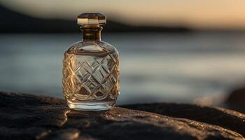 un lujoso whisky botella refleja el puesta de sol en un mesa generado por ai foto