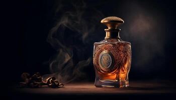 antiguo pasado de moda whisky botella en ardiente madera mesa, fumar creciente esmeradamente generado por ai foto