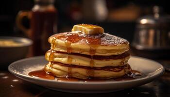 A stack of homemade pancakes with syrup and fruit slice generated by AI photo