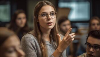 un grupo de joven adultos estudiando en un alegre salón de clases generado por ai foto