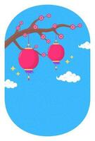 Hanging Chinese Lantern With Sakura Flowers Branch And Clouds In Blue Semi Circles Oval Background. vector