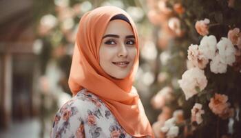 confidente joven mujer en hijab exuda elegancia y espiritualidad al aire libre generado por ai foto
