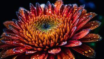 Vibrant chrysanthemum blossom with dew drop on black background generated by AI photo