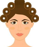 Young Woman Wearing Hair Roller Flat Icon In Peach And Brown Color. vector