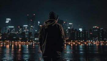 uno hombre en pie en soledad, espalda iluminado por paisaje urbano generado por ai foto