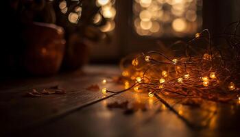 Rustic Christmas decor glows with bright, shiny ornaments and gifts generated by AI photo