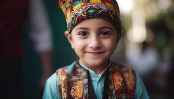 Confident young Indian boy in traditional clothing smiles outdoors joyfully generated by AI photo