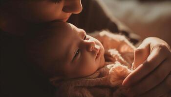 un madre amor abrazando su recién nacido bebé chica, puro felicidad generado por ai foto