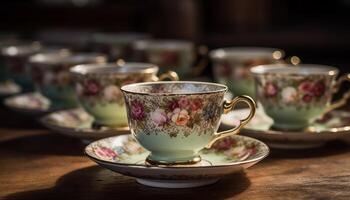 An ornate tea set on a rustic wooden table generated by AI photo