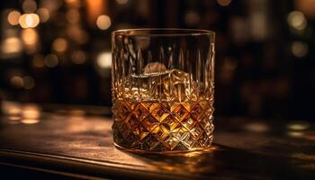 Luxury whiskey bar dark wood, gold bottles, ice, elegance generated by AI photo