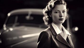 A confident young woman in an elegant suit standing outdoors generated by AI photo