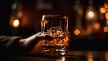 Men relax at luxury bar, holding whiskey glasses, enjoying night generated by AI photo