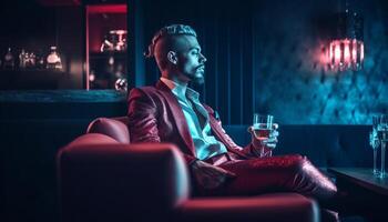 un hermoso empresario disfrutando whisky en un lujo bar después trabajo generado por ai foto