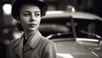 One elegant young woman driving vintage car with confidence and glamour generated by AI photo