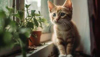 Curious domestic kitten staring out window, playful and fluffy generated by AI photo