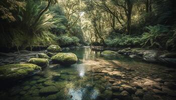 tranquilo escena de un tropical selva con fluido agua y helecho crecimiento generado por ai foto