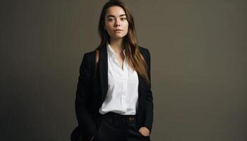 Confident young businesswoman in suit, a portrait of elegance and beauty generated by AI photo