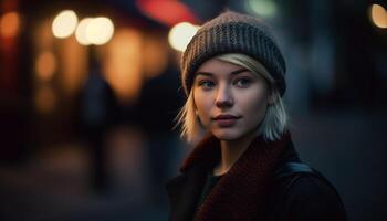uno joven mujer, iluminado por calle luz, exuda confianza generado por ai foto