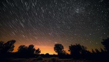 silueta de arboles en contra majestuoso estrella campo en tranquilo paisaje generado por ai foto