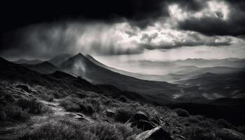 majestuoso montaña rango, tranquilo prado, dramático cielo excursionismo aventuras generado por ai foto