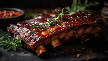 Grilled sirloin steak with savory sauce, ready to eat on rustic plate generated by AI photo