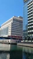 Low Angle View of Canary Wharf Buildings at Central London City of England Great Britain. The Footage Was Captured on 08-June-2023 During Clear Day. video