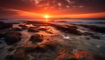 A tranquil seascape at dusk, with orange skies and waves generated by AI photo