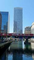 Low Angle View of Canary Wharf Buildings at Central London City of England Great Britain. The Footage Was Captured on 08-June-2023 During Clear Day. video