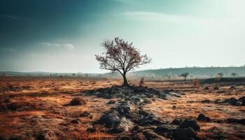 el antiguo árbol maletero soportes solo en el abandonado prado generado por ai foto