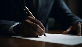 The businessman sitting at the desk signing the contract generated by AI photo