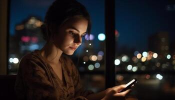 uno joven mujer, sentado adentro, mirando a su inteligente teléfono generado por ai foto