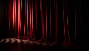 Velvet stage curtain glows in spotlight, empty auditorium awaits performance generated by AI photo