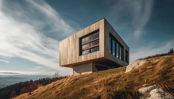 Modern mountain cottage with balcony, surrounded by nature landscape generated by AI photo