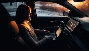 uno mujer conducción auto, mecanografía en computadora portátil, utilizando inalámbrico tecnología generado por ai foto