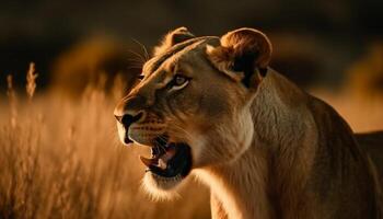 majestuoso león rugido a atardecer, dientes desnudo en agresión generado por ai foto