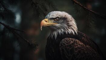 majestuoso pájaro de presa encaramado en rama, libertad en naturaleza generado por ai foto