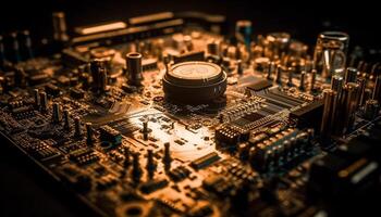 complejidad de el electrónica industria mostrado en cerca arriba semiconductor circuito tablero generado por ai foto