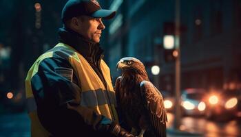 One man, outdoors at night, standing with hawk in glove generated by AI photo