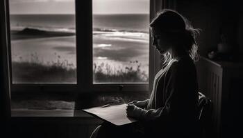 uno joven mujer, sentado adentro por el ventana, leyendo un libro generado por ai foto