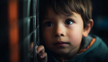 solitario niñito miradas fuera ventana, buscando para felicidad y aprendizaje generado por ai foto