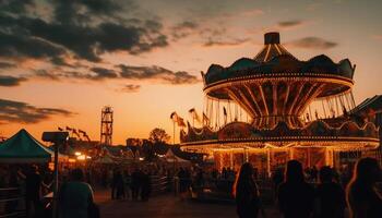 Joyful families spin under illuminated carnival lights at summer event generated by AI photo