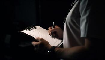 One businessman holding clipboard, signing contract, achieving success indoors generated by AI photo