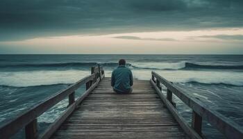 A serene person walks on the jetty, enjoying the sunset generated by AI photo