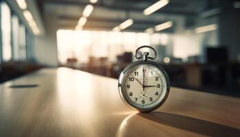 Countdown to success alarm clock ticks towards midnight in office generated by AI photo