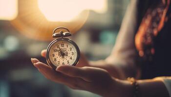 Business person counting down time with old fashioned alarm clock outdoors generated by AI photo