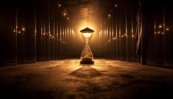 Old fashioned hourglass counts down time in illuminated reflection generated by AI photo